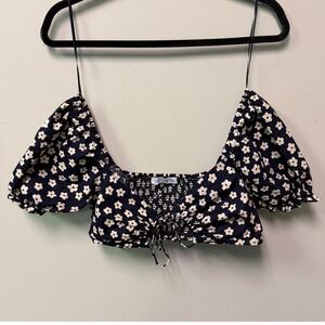 Ramona Cottagecore Daisy Floral Smocked Puff Sleeve Crop Top Indie Festival Sz M